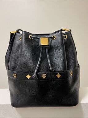 MCM Black Leather Drawstring Bucket Bag
